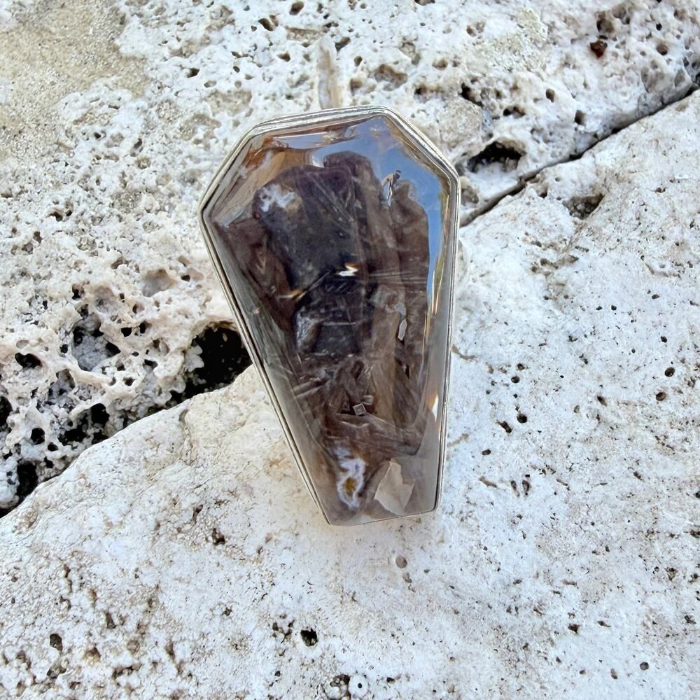 Smoky Quartz Coffin Ring 925 Silver Plated